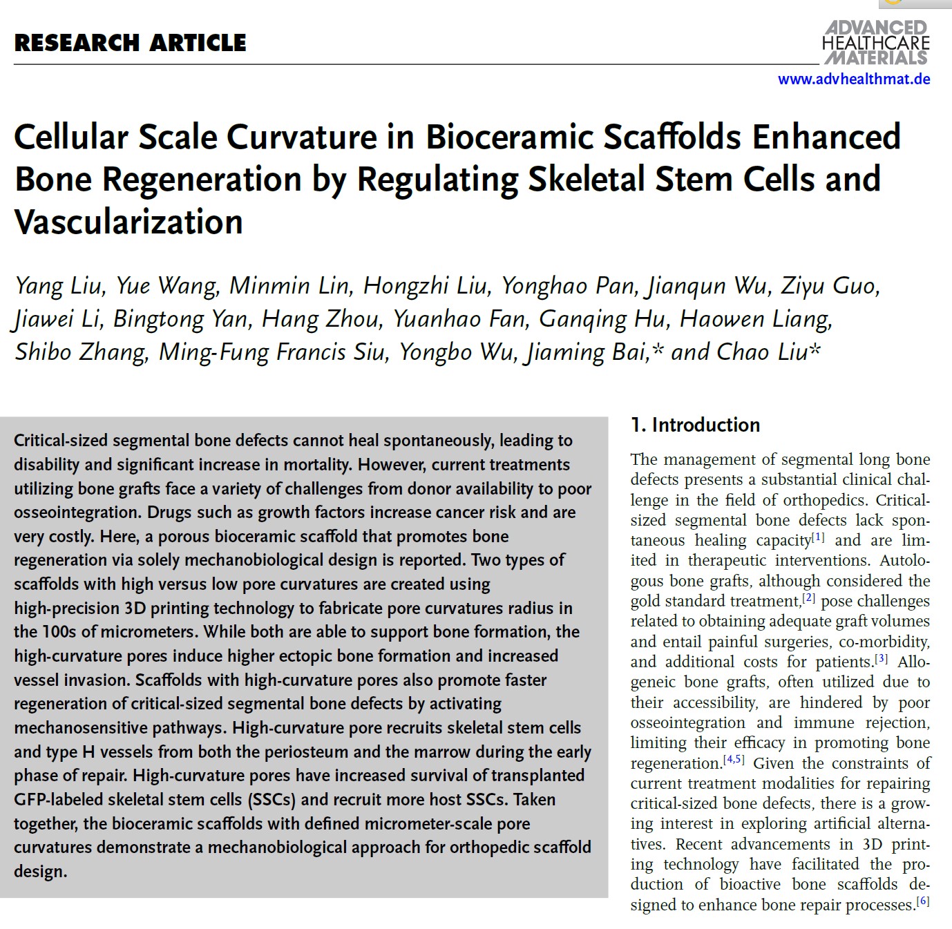 Liu Yang’s paper published in Advanced Healthcare Materials