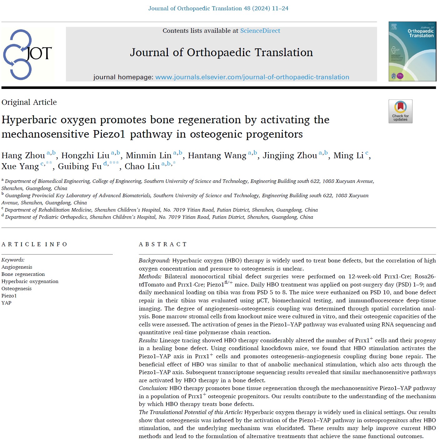 Zhou Hang’s paper published – Journal of Orthopaedic Translation